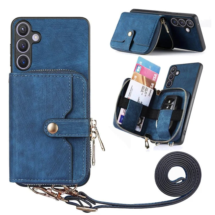 D3 Zipper Pocket Wallet Shell for Samsung Galaxy S24+ PU Leather+PC+TPU Phone Case Retro Cover