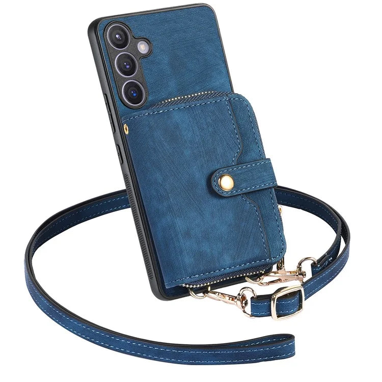 D3 Zipper Pocket Wallet Shell for Samsung Galaxy S24+ PU Leather+PC+TPU Phone Case Retro Cover