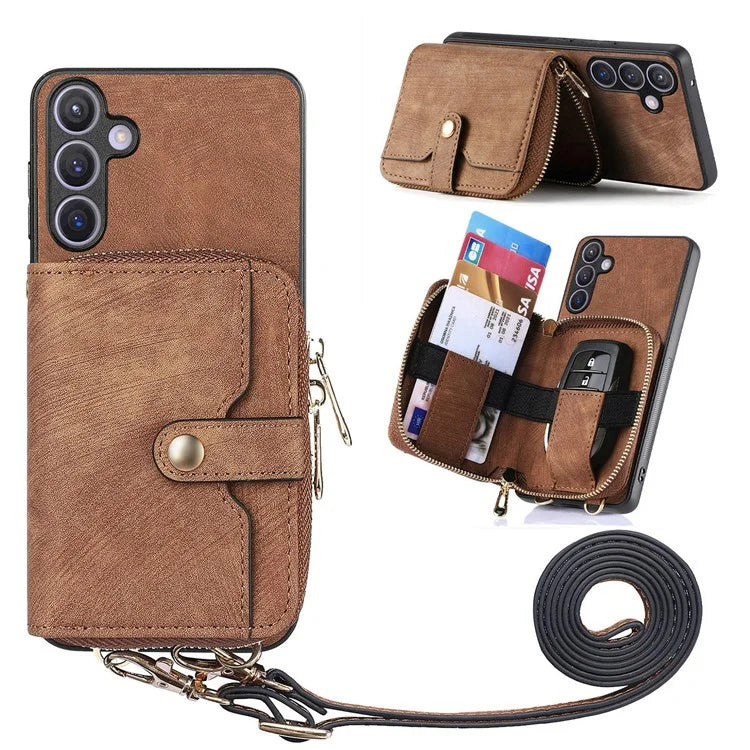 D3 Zipper Pocket Wallet Shell for Samsung Galaxy S24+ PU Leather+PC+TPU Phone Case Retro Cover