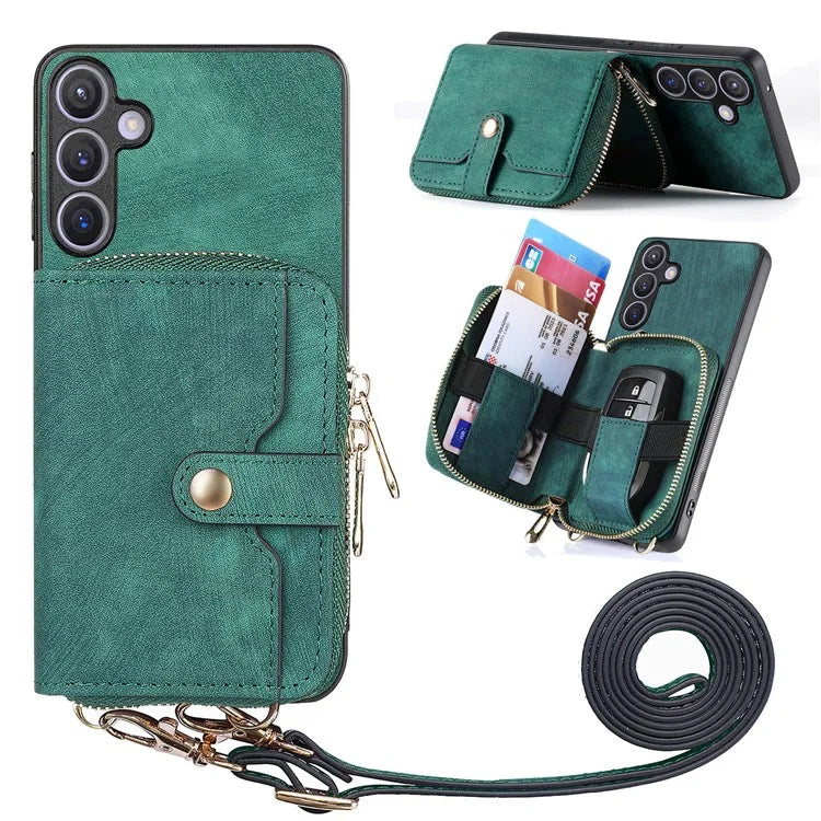 D3 Zipper Pocket Wallet Shell for Samsung Galaxy S24+ PU Leather+PC+TPU Phone Case Retro Cover