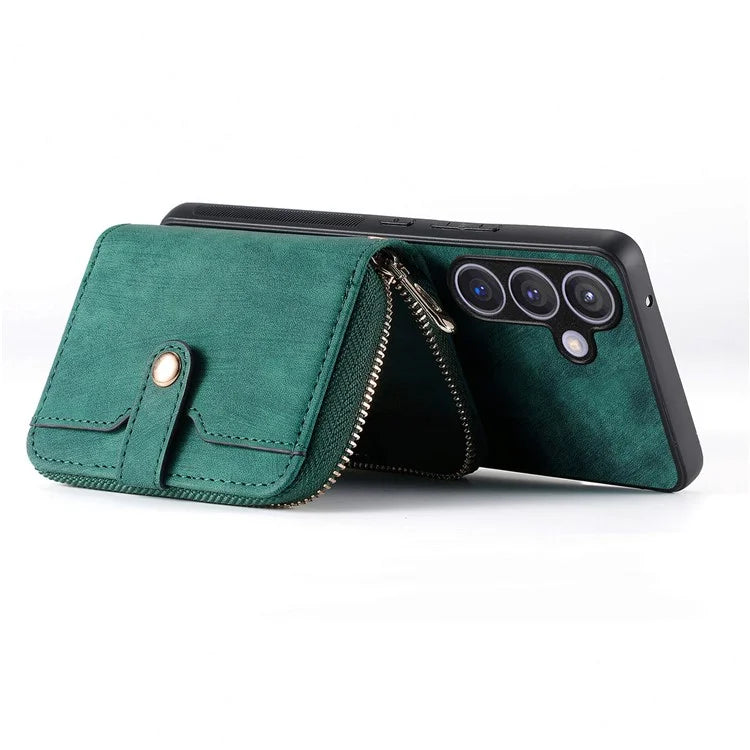 D3 Zipper Pocket Wallet Shell for Samsung Galaxy S24+ PU Leather+PC+TPU Phone Case Retro Cover