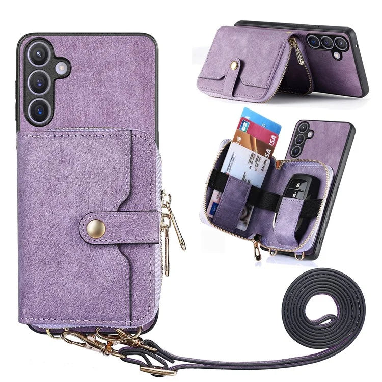 D3 Zipper Pocket Wallet Shell for Samsung Galaxy S24+ PU Leather+PC+TPU Phone Case Retro Cover