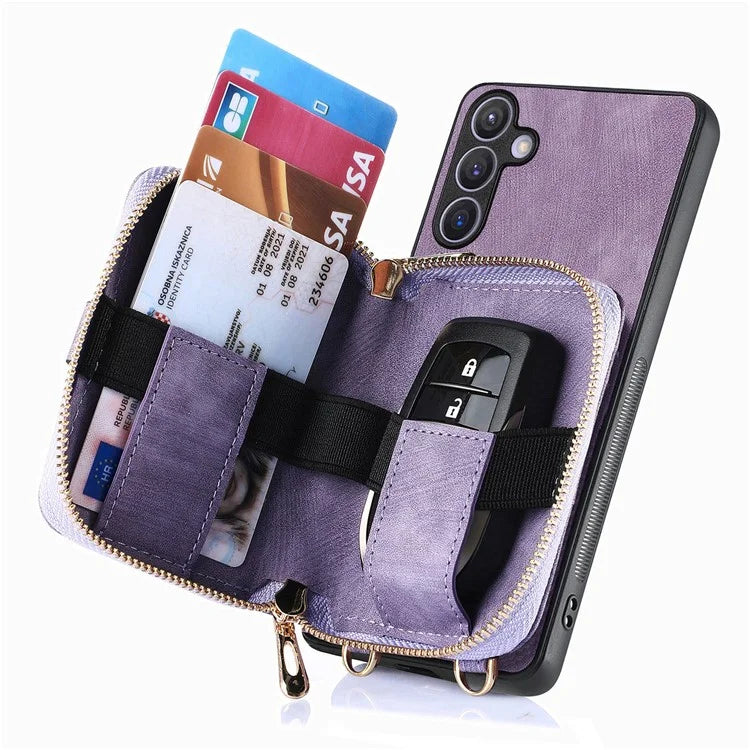 D3 Zipper Pocket Wallet Shell for Samsung Galaxy S24+ PU Leather+PC+TPU Phone Case Retro Cover