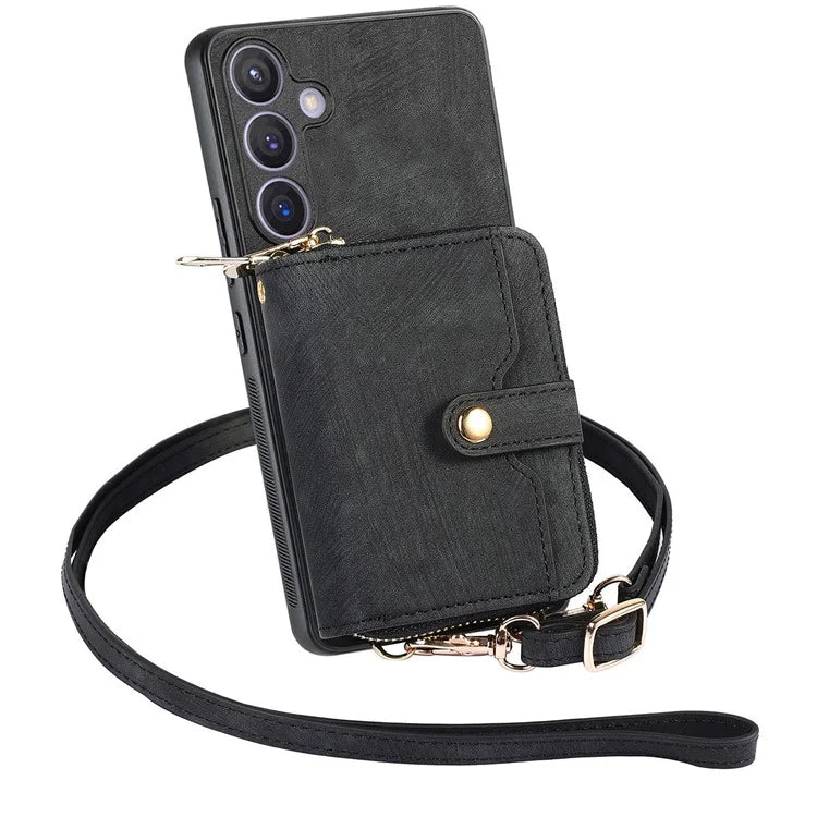 D3 for Samsung Galaxy S24 Zipper Pocket Case Anti-scratch Leather+TPU+PC Crossbody Phone Cover