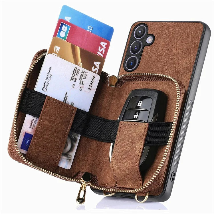 D3 for Samsung Galaxy S24 Zipper Pocket Case Anti-scratch Leather+TPU+PC Crossbody Phone Cover