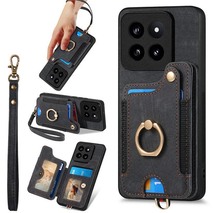 D4 For Xiaomi 14 Pro RFID Blocking Vintage Phone Case Card Slots Kickstand Cover