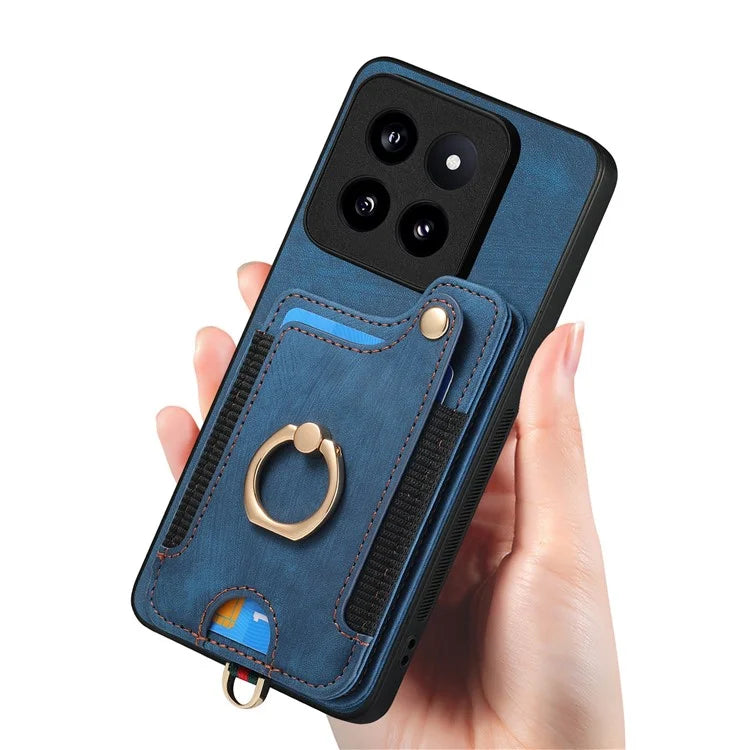 D4 For Xiaomi 14 Pro RFID Blocking Vintage Phone Case Card Slots Kickstand Cover