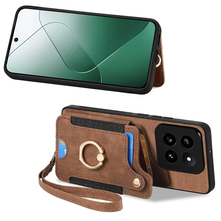 D4 For Xiaomi 14 Pro RFID Blocking Vintage Phone Case Card Slots Kickstand Cover