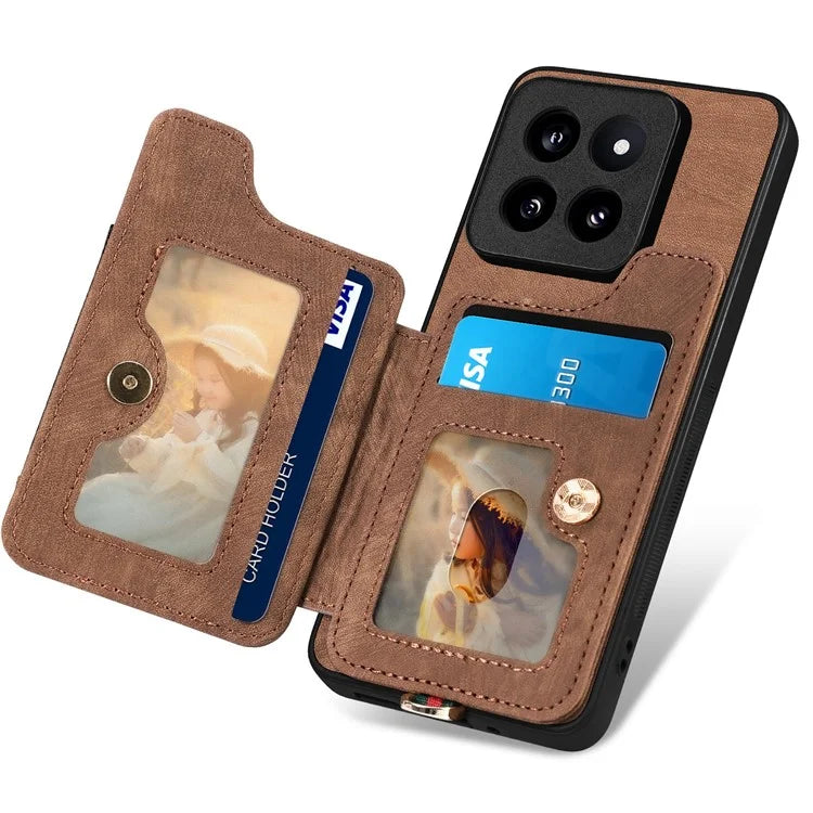 D4 For Xiaomi 14 Pro RFID Blocking Vintage Phone Case Card Slots Kickstand Cover