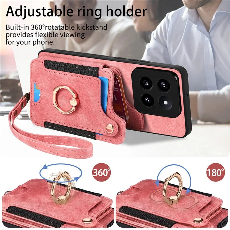D4 For Xiaomi 14 Pro RFID Blocking Vintage Phone Case Card Slots Kickstand Cover