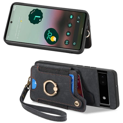 D4 For Google Pixel 8 Pro RFID Blocking Phone Case Retro Card Slots Kickstand Cover
