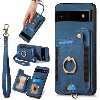 D4 For Google Pixel 8 Pro RFID Blocking Phone Case Retro Card Slots Kickstand Cover