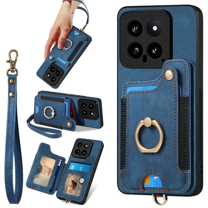 D4 For Xiaomi 14 Card Slots RFID Blocking Vintage Phone Case Kickstand Cover