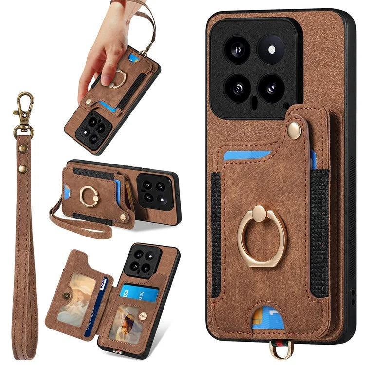 D4 For Xiaomi 14 Card Slots RFID Blocking Vintage Phone Case Kickstand Cover