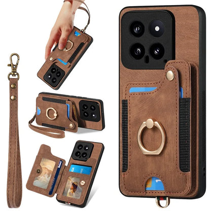 D4 For Xiaomi 14 Card Slots RFID Blocking Vintage Phone Case Kickstand Cover