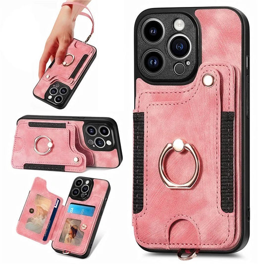 D4 For iPhone 13 Pro RFID Blocking Phone Case Wallet TPU+PU Leather Phone Cover with Ring Holder