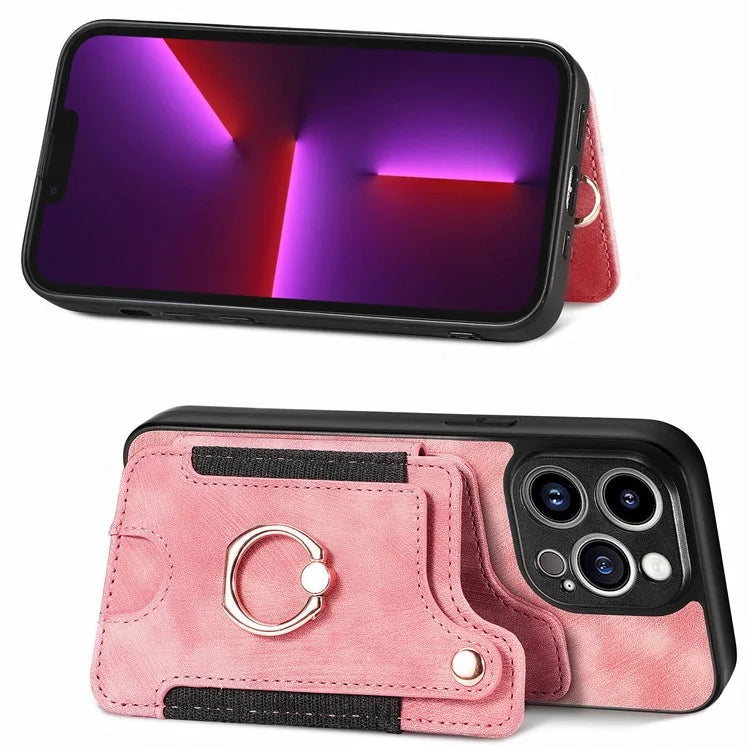 D4 For iPhone 13 Pro RFID Blocking Phone Case Wallet TPU+PU Leather Phone Cover with Ring Holder
