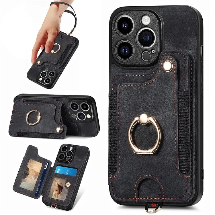 D4 For iPhone 13 Pro RFID Blocking Phone Case Wallet TPU+PU Leather Phone Cover with Ring Holder