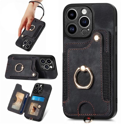 D4 For iPhone 13 Pro RFID Blocking Phone Case Wallet TPU+PU Leather Phone Cover with Ring Holder