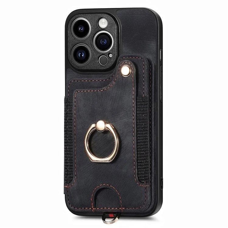 D4 For iPhone 13 Pro RFID Blocking Phone Case Wallet TPU+PU Leather Phone Cover with Ring Holder