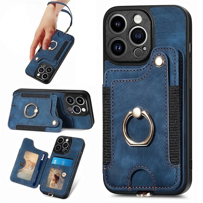 D4 For iPhone 13 Pro RFID Blocking Phone Case Wallet TPU+PU Leather Phone Cover with Ring Holder