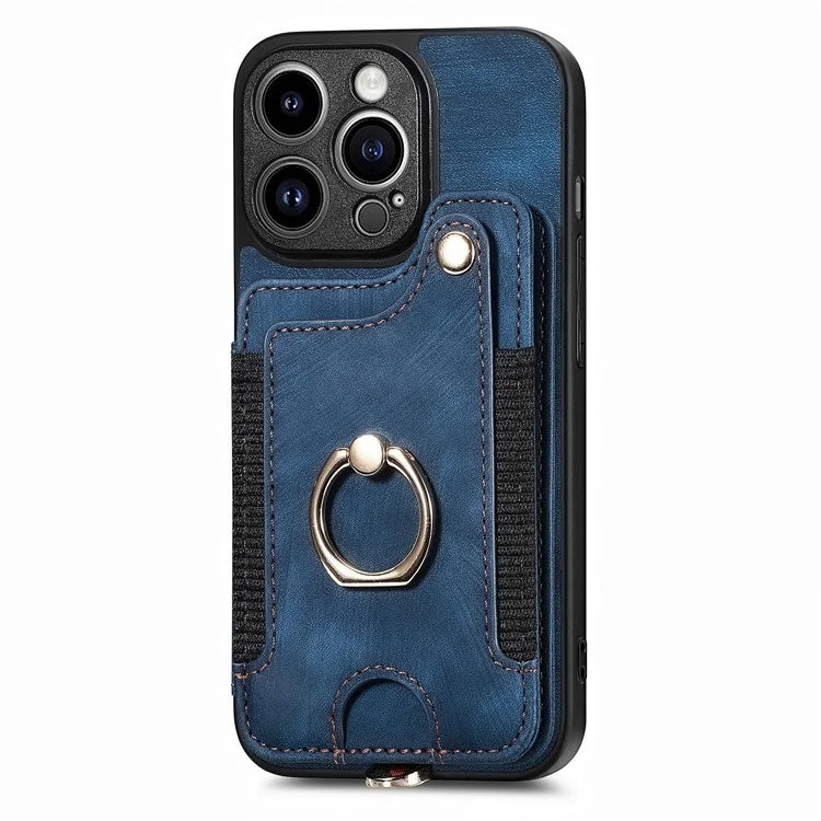 D4 For iPhone 13 Pro RFID Blocking Phone Case Wallet TPU+PU Leather Phone Cover with Ring Holder