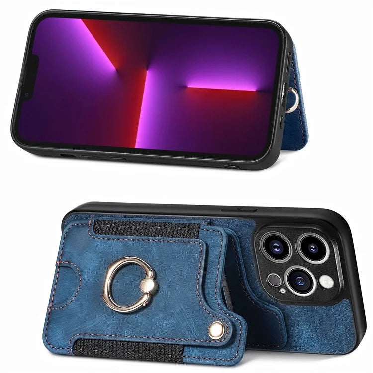 D4 For iPhone 13 Pro RFID Blocking Phone Case Wallet TPU+PU Leather Phone Cover with Ring Holder