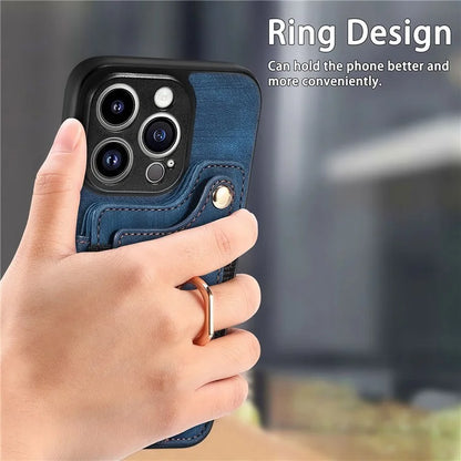 D4 For iPhone 13 Pro RFID Blocking Phone Case Wallet TPU+PU Leather Phone Cover with Ring Holder