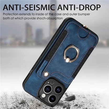 D4 For iPhone 13 Pro RFID Blocking Phone Case Wallet TPU+PU Leather Phone Cover with Ring Holder