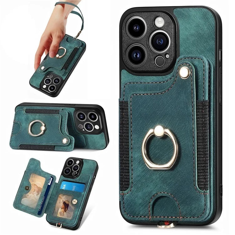 D4 For iPhone 13 Pro RFID Blocking Phone Case Wallet TPU+PU Leather Phone Cover with Ring Holder