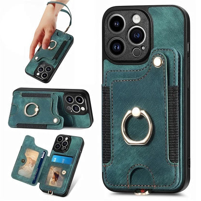 D4 For iPhone 13 Pro RFID Blocking Phone Case Wallet TPU+PU Leather Phone Cover with Ring Holder
