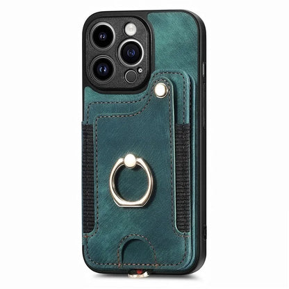 D4 For iPhone 13 Pro RFID Blocking Phone Case Wallet TPU+PU Leather Phone Cover with Ring Holder