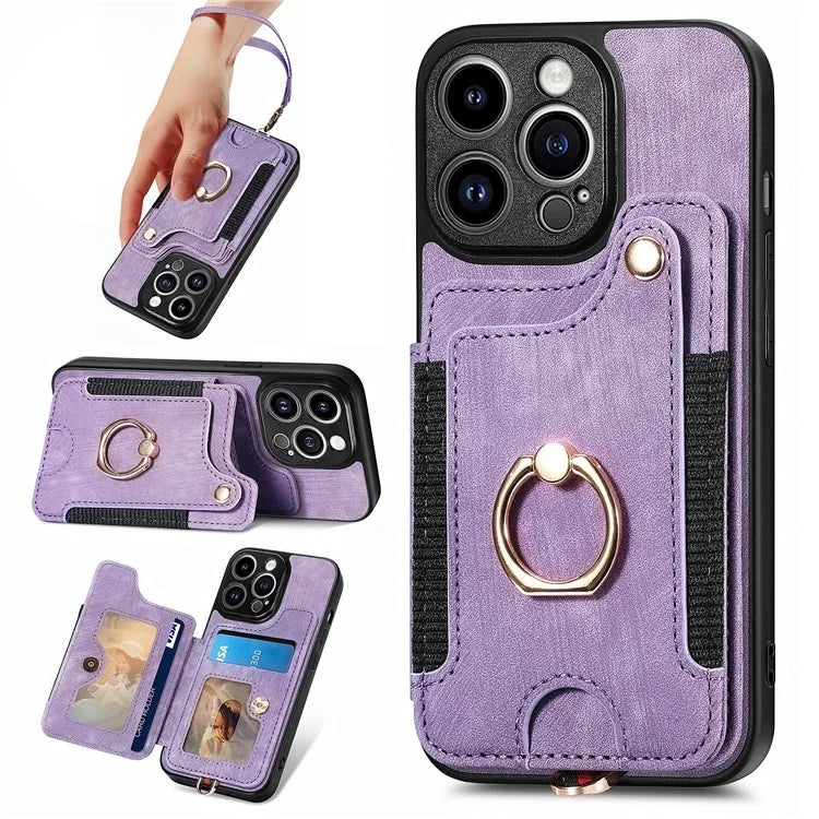 D4 For iPhone 13 Pro RFID Blocking Phone Case Wallet TPU+PU Leather Phone Cover with Ring Holder