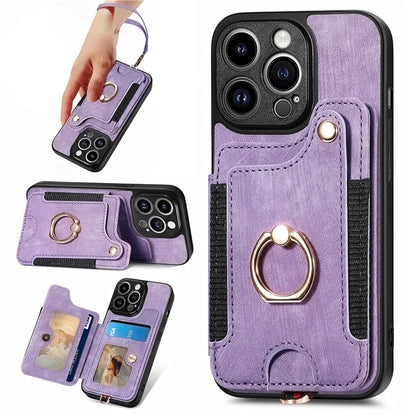 D4 For iPhone 13 Pro RFID Blocking Phone Case Wallet TPU+PU Leather Phone Cover with Ring Holder