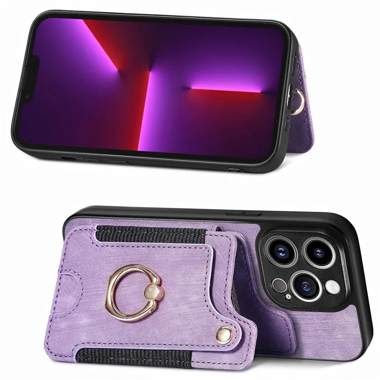 D4 For iPhone 13 Pro RFID Blocking Phone Case Wallet TPU+PU Leather Phone Cover with Ring Holder
