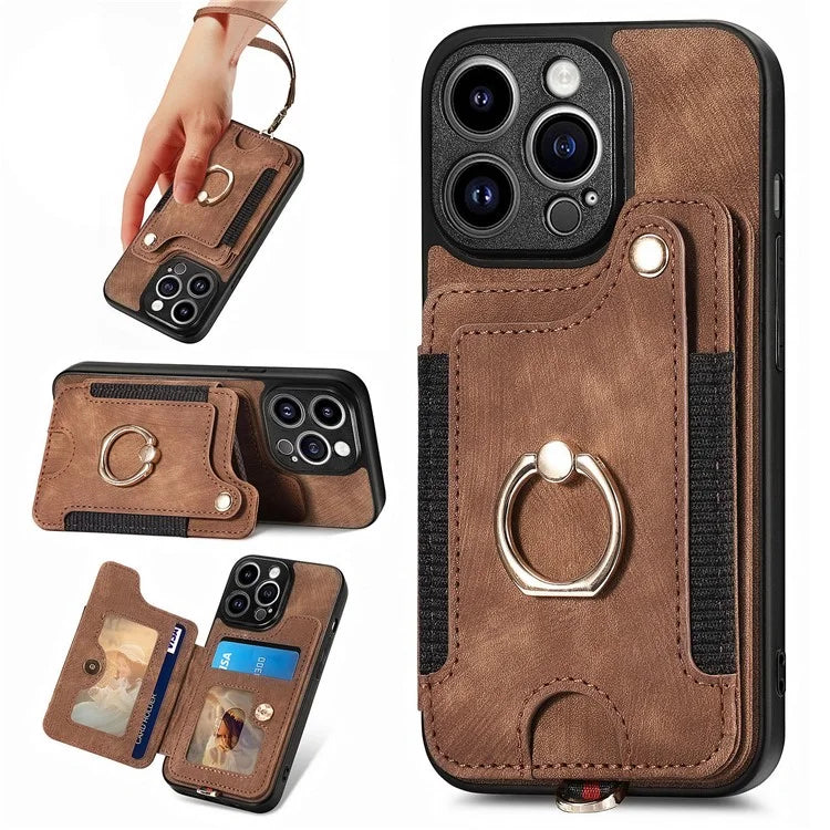 D4 For iPhone 13 Pro RFID Blocking Phone Case Wallet TPU+PU Leather Phone Cover with Ring Holder