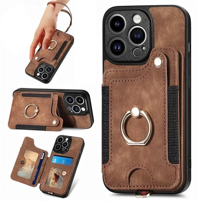 D4 For iPhone 13 Pro RFID Blocking Phone Case Wallet TPU+PU Leather Phone Cover with Ring Holder