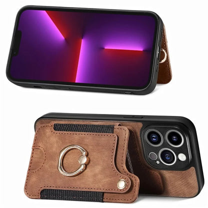 D4 For iPhone 13 Pro RFID Blocking Phone Case Wallet TPU+PU Leather Phone Cover with Ring Holder