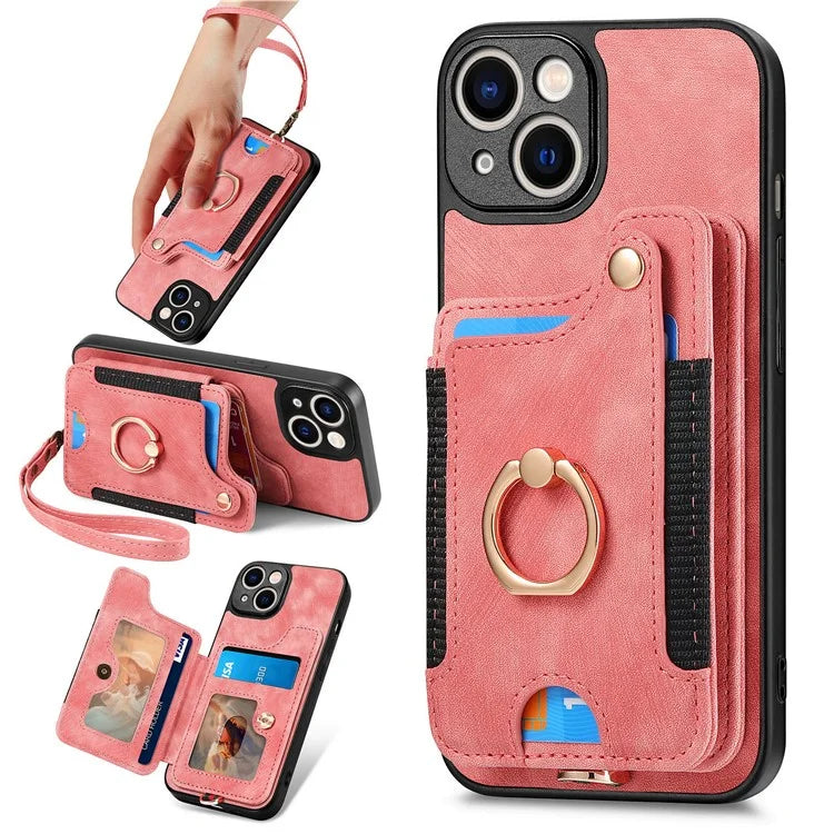 D4 For iPhone 13 Anti-scratch RFID Blocking Vintage Phone Case Card Slots Kickstand Cover