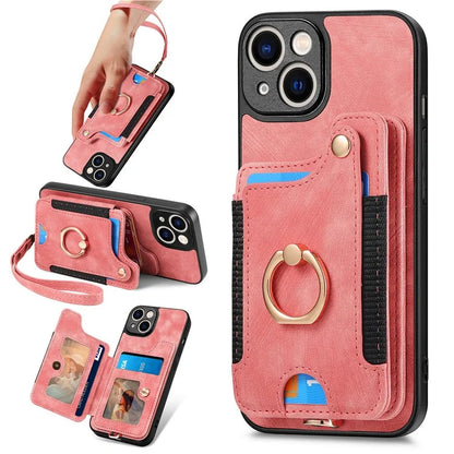 D4 For iPhone 13 Anti-scratch RFID Blocking Vintage Phone Case Card Slots Kickstand Cover