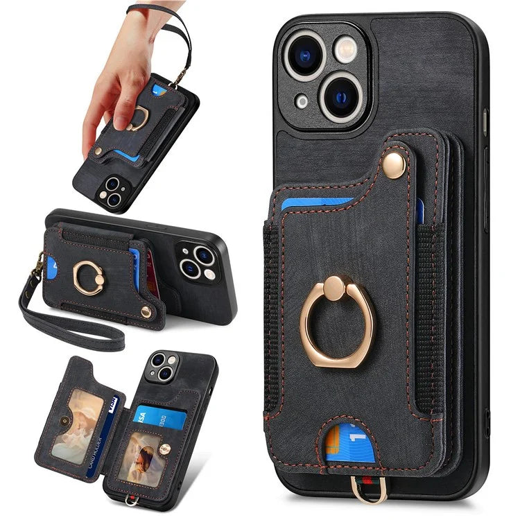 D4 For iPhone 13 Anti-scratch RFID Blocking Vintage Phone Case Card Slots Kickstand Cover