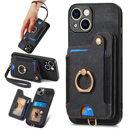 D4 For iPhone 13 Anti-scratch RFID Blocking Vintage Phone Case Card Slots Kickstand Cover