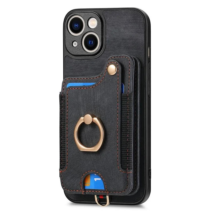 D4 For iPhone 13 Anti-scratch RFID Blocking Vintage Phone Case Card Slots Kickstand Cover