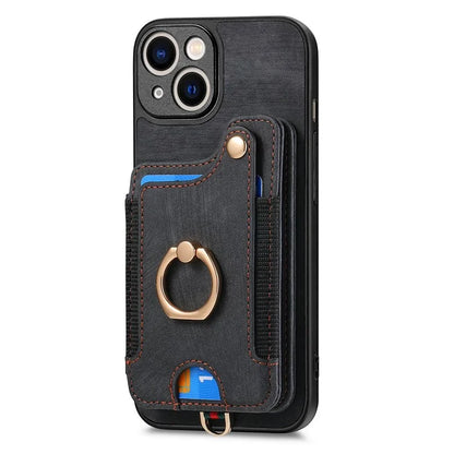 D4 For iPhone 13 Anti-scratch RFID Blocking Vintage Phone Case Card Slots Kickstand Cover