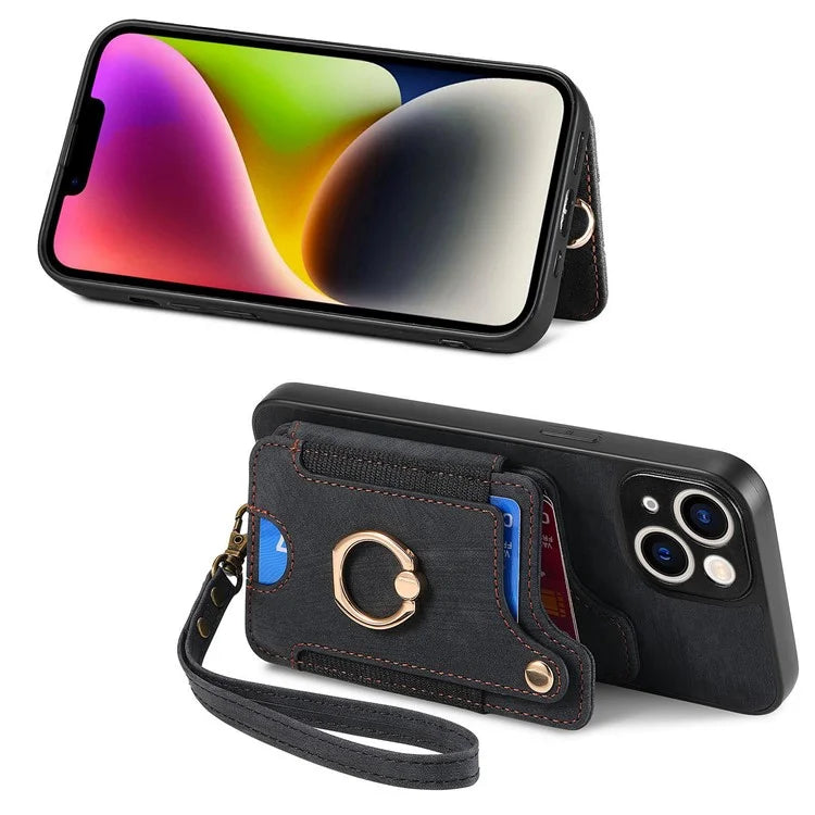 D4 For iPhone 13 Anti-scratch RFID Blocking Vintage Phone Case Card Slots Kickstand Cover