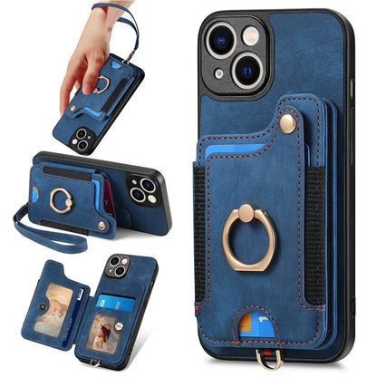 D4 For iPhone 13 Anti-scratch RFID Blocking Vintage Phone Case Card Slots Kickstand Cover