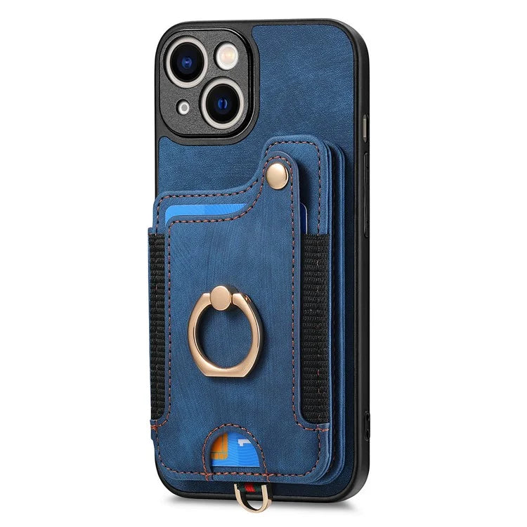 D4 For iPhone 13 Anti-scratch RFID Blocking Vintage Phone Case Card Slots Kickstand Cover