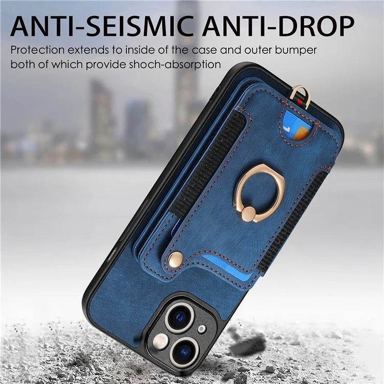 D4 For iPhone 13 Anti-scratch RFID Blocking Vintage Phone Case Card Slots Kickstand Cover