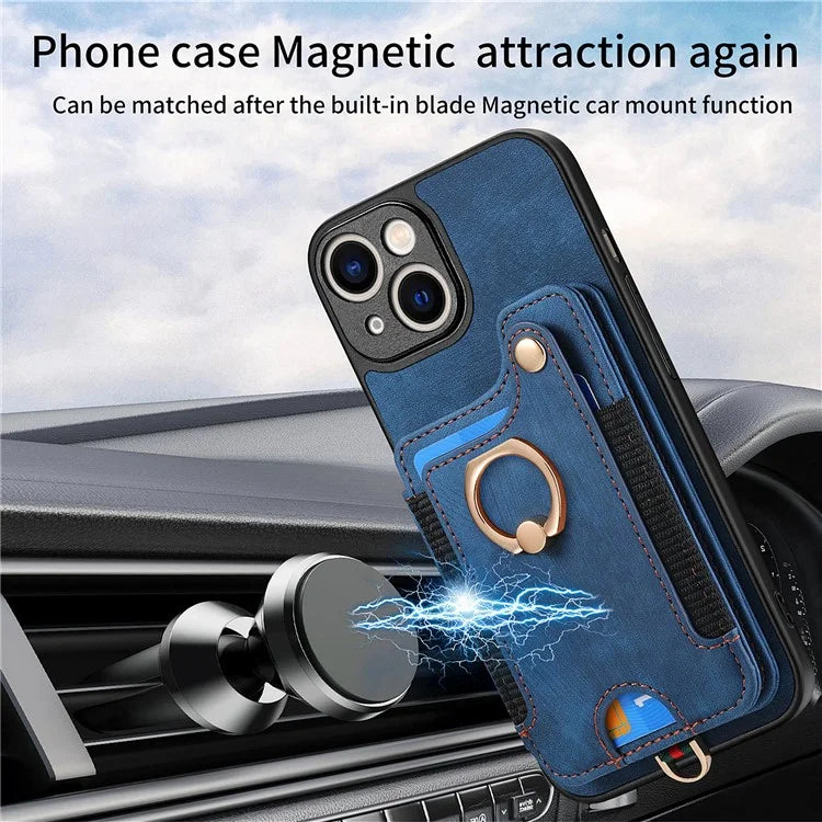 D4 For iPhone 13 Anti-scratch RFID Blocking Vintage Phone Case Card Slots Kickstand Cover