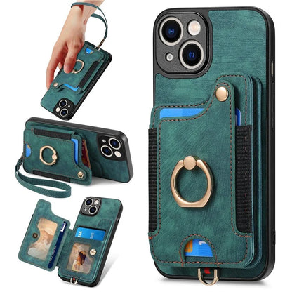 D4 For iPhone 13 Anti-scratch RFID Blocking Vintage Phone Case Card Slots Kickstand Cover